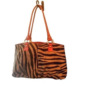 HTF Gorgeous Maurizio Taiuti Italian Bag | Calf Hair & Leather | Tan, Black, Red